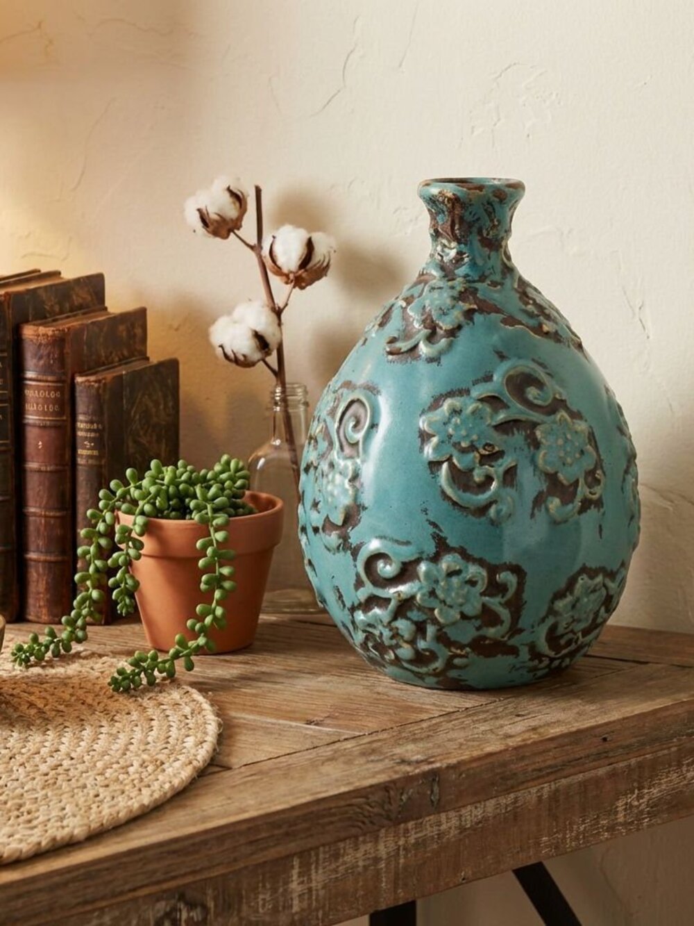 VTG Art Pottery Vase Turquoise Floral Design Dayazhai Style 11.5 in.